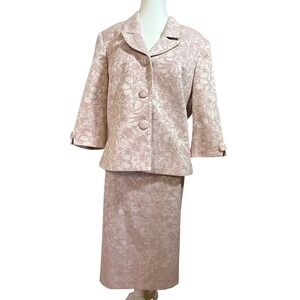 VTG Linea Domani Skirt Suit Womens 14 Pink Floral Jacquard 2pc Blazer Set Y1299